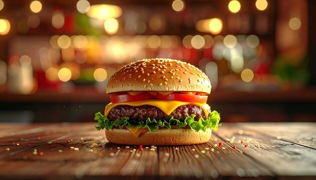 Q This image shows a delicious and mouth-watering cheeseburger on a wooden table. The burger consists of a sesame-topped bun and a thick, perfectly cooked beef patty.e