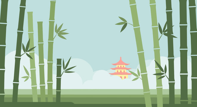 Bamboo Forest Illustration with Asian Temple, Serene Nature Scene, Green Bamboo Stalks.