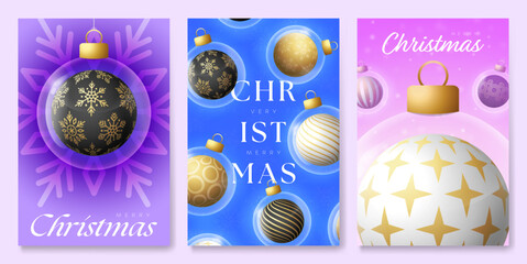 Christmas ornament and New Year greeting banner set. Merry Christmas golden greeting card with glass xmas ball as a bauble collection. Vector illustration