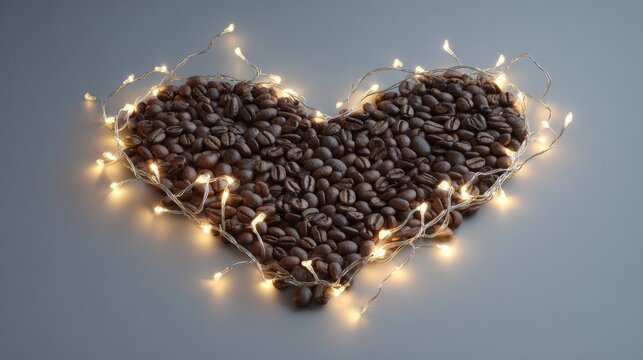 Heart-shaped coffee bean arrangement surrounded by warm lights creates a cozy atmosphere