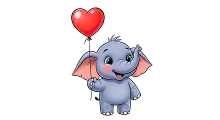 Cartoon elephant with a red heart balloon isolated on transparent background