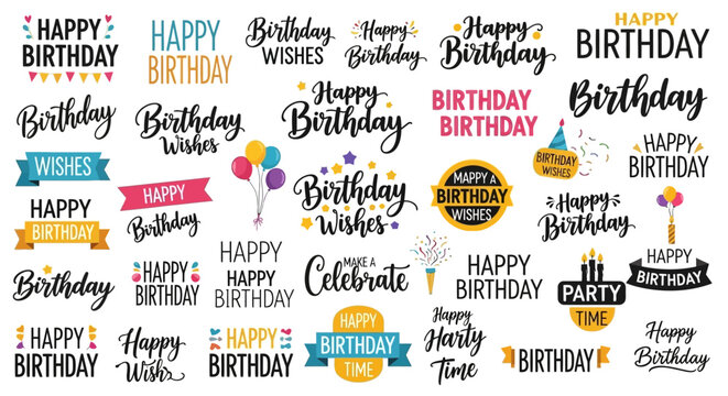 Assorted Happy Birthday Greetings and Wishes Text Designs Vector Collection