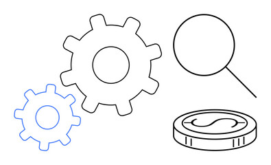Gears in motion, magnifying glass, and coin embody optimization, scrutiny, and monetary strategy. Ideal for business, efficiency, research economy problem-solving technical innovation. Simple