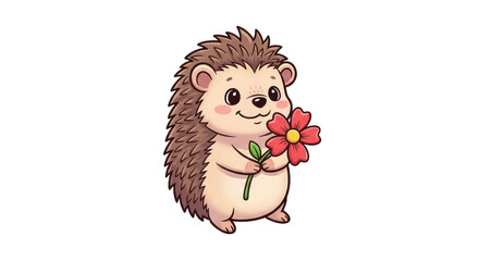 Cartoon hedgehog with red flower on transparent background isolated illustration