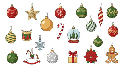 Collection of hand-drawn Christmas tree decorations and festive holiday ornaments set in a vector illustration style