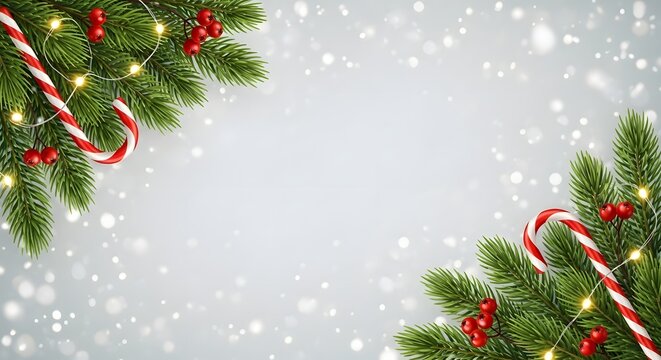 Festive christmas tree branches with candy canes and lights in falling snow