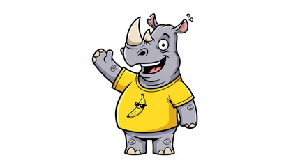 Cartoon rhinoceros in yellow shirt waving hand transparent background