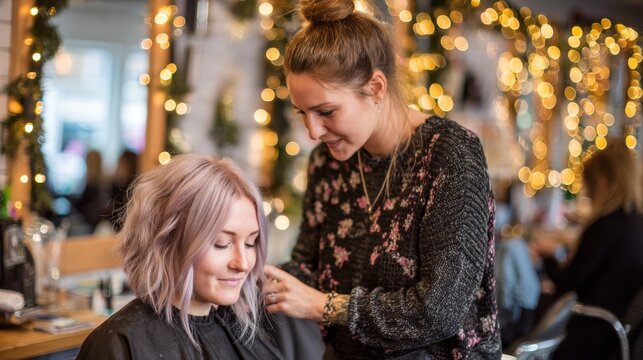 Stylish hair salon scene with hairstylist working on client during a cozy atmosphere