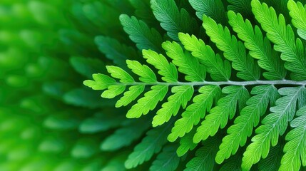 Close up of vibrant green fern leaves showcasing a natural radial pattern with dew drops in soft natural light and a blurred green background
