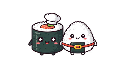 Cartoon sushi and onigiri characters with smiling expressions on transparent background