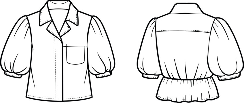 Puff sleeve blouse fashion sketch, collared neckline, patch pocket, peplum back detail, garment construction, CAD drawing, flat vector illustration