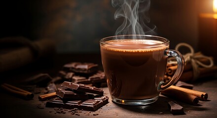 Steaming hot chocolate with dark chocolate and cinnamon sticks