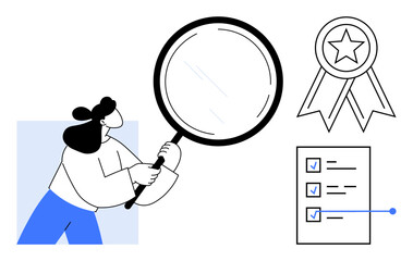 Woman examining with magnifying glass, checklist with marked items, and a badge symbolizing achievement. Ideal for quality control, evaluation, analysis, precision, achievement, validation
