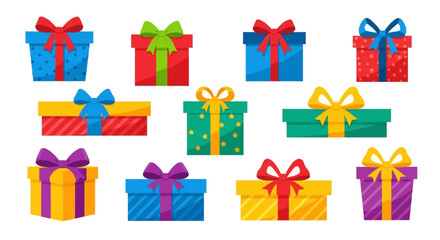 Colorful collection of gift boxes with bows and patterns, ideal for festive celebrations, birthdays, holidays, and joyful giving occasions