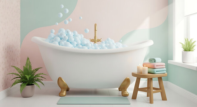 A beautifully decorated bathroom with a white clawfoot bathtub filled with blue bubbles, pastel walls, and green plants, creating a serene and relaxing atmosphere.
