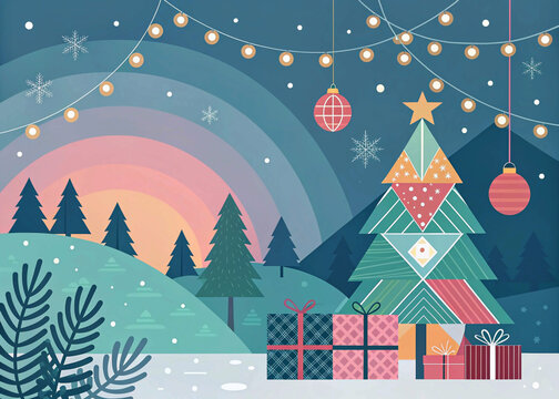 Modern Christmas and New Year background with abstract gradient, geometric shapes, and festive 