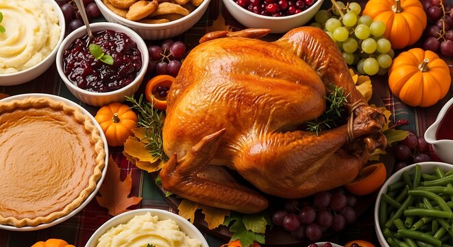 Abundant thanksgiving feast with roasted turkey and seasonal sides - Powered by Adobe