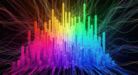 Abstract colorful digital landscape with flowing lines and gradient columns