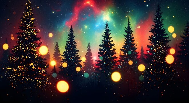 Magical winter forest with aurora borealis and christmas lights - Powered by Adobe