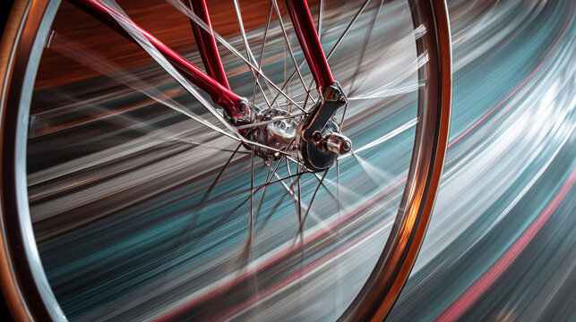 A bicycle wheel is shown in motion