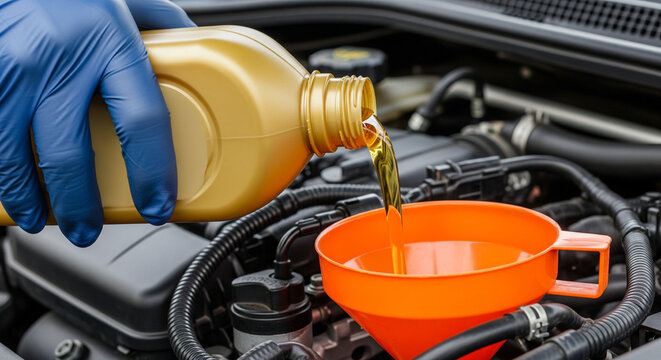 Mechanic Pouring Fresh Engine Oil from Golden Bottle into Car Engine through an Orange Funnel