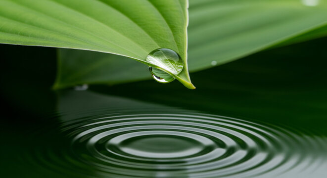 A close-up of a green leaf with a water droplet poised on its tip, reflecting light above rippling water surfaces below. - Powered by Adobe