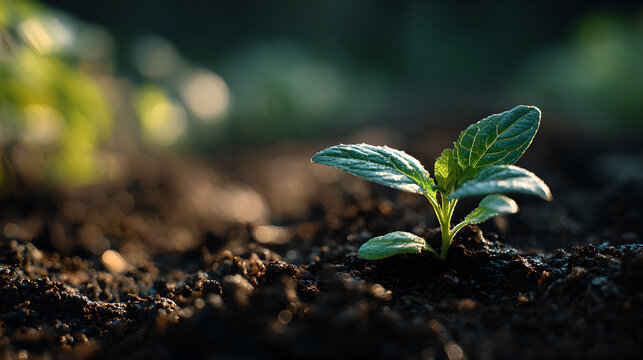 A tiny green sprout with new leaves emerges from rich dark soil
