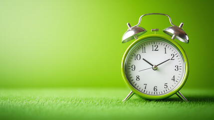 A classic alarm clock on a vibrant green background symbolizes the passage of time and the importance of punctuality.