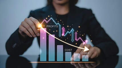 Businesswoman Analyzing Profit and Cost Trends with Graphic Chart Presentation