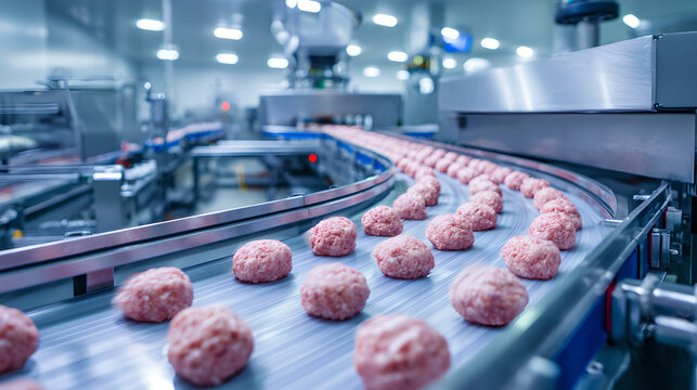 Automated industrial food processing line with raw meatballs on a conveyor belt