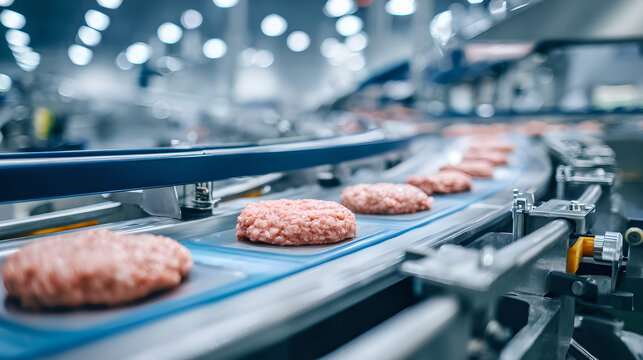 Automated industrial food processing line with raw hamburger patties on conveyor belt