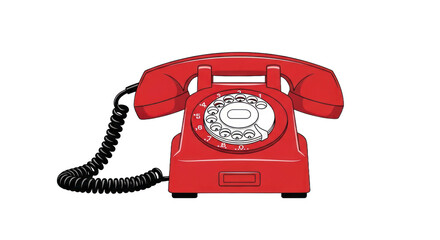 Vintage red telephone with dial and cord on transparent background