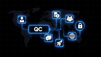 Global Q C process management network with icons for business finance team security communication and startup growth on digital world map - Powered by Adobe