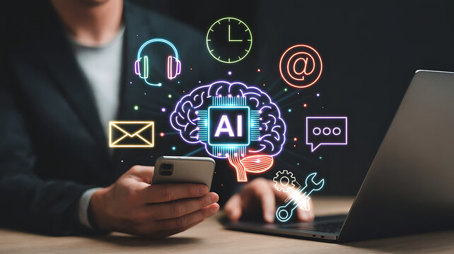 Modern man working with Artificial Intelligence on digital devices and communication apps