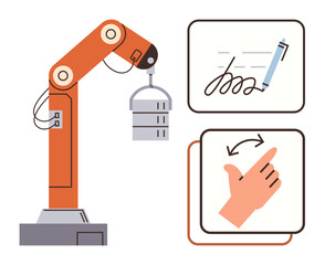 Automated robotic arm lifting a cylinder gestures demonstrating digital interaction Ideal for automation, robotics, technology, user interaction, innovation, engineering, UIUX simple flat metaphor