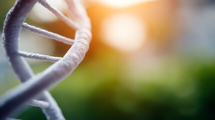 A close-up of DNA strands against a blurred natural background, symbolizing genetic research and biological studies in science.