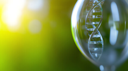 A close-up of a DNA double helix inside a glass orb, symbolizing genetics and biotechnological advancement amidst a green background.