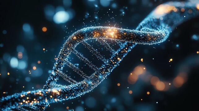 A detailed digital rendering of a dna strand with glowing particles on a dark blue background