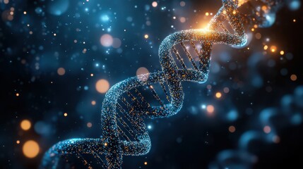 Illuminated dna strand with glowing particles against a dark blue and orange bokeh background