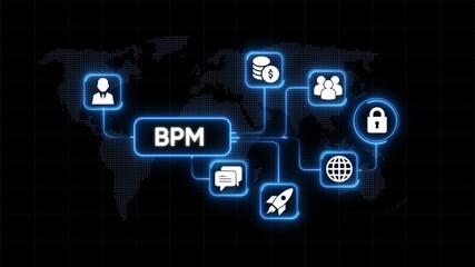 B P M Business Process Management Global Network Workflow Optimization Icons with World Map Background Digital Technology Concept - Powered by Adobe