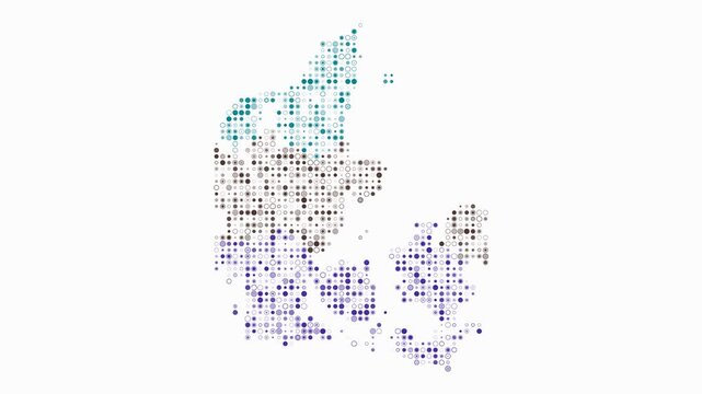 Denmark map animation. Shape of the country with pulsating colored dots. Small size circle blocks. Digital style Denmark map on white background. Beautiful video.