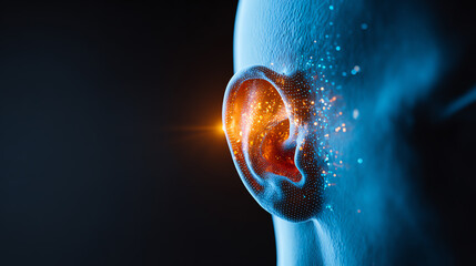 A close-up of a human ear with a glowing effect, illustrating advanced hearing technology and human anatomy.