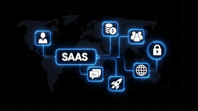 Saa S business model network diagram with global map background and glowing icons representing users money communication rocket security and internet technology innovation