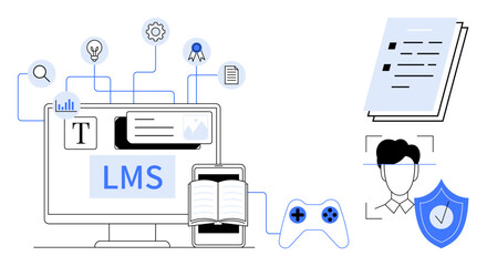 Computer screen, learning management system tools, game controller, book, badge, user profile, and documents. Ideal for education, e-learning technology gamification training user experience