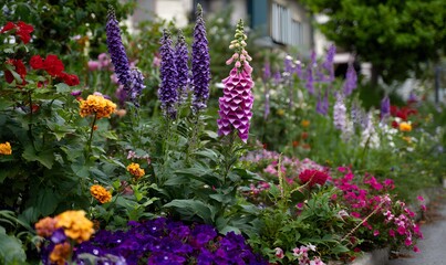 Obraz premium an english cottage garden filled with vibrant flowers like foxgloves, petunias, and lavender in various colors