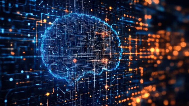 Illuminated brain circuit board design with orange and blue lights on a dark backdrop design - Powered by Adobe