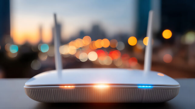 A close-up of a modern wireless router with indicators glowing, showcasing technology and connectivity in a blurred city background.