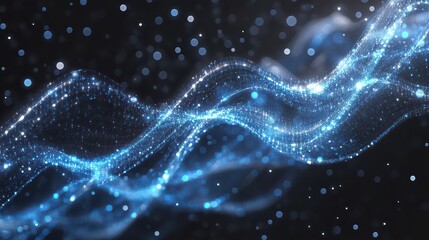 Abstract blue wave pattern with sparkling dots and lines on a dark background with bokeh effect