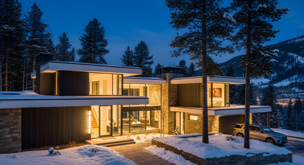 Modern luxury home with large windows and snow-covered ground on a cold winter night illuminated by warm interior lights