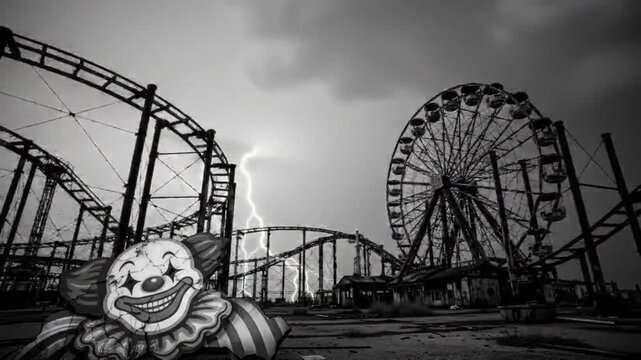 Creepy abandoned amusement park with clown and lightning.